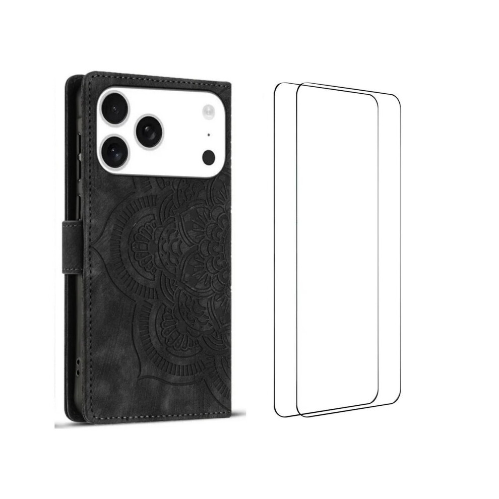 (Black) For Iphone 17 Pro Max Case With 2Pcs Tempered Glass Wanlonfeng Mtl Series Mandala Leather Phone Cover Black 6914285599125