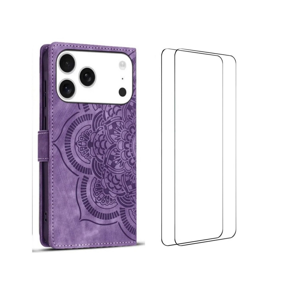 (Purple) For Iphone 17 Pro Max Case With 2Pcs Tempered Glass Wanlonfeng Mtl Series Mandala Leather Phone Cover Purple 6914281922965