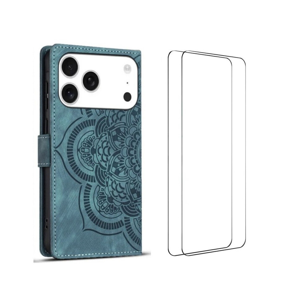 (Blue) For Iphone 17 Pro Max Case With 2Pcs Tempered Glass Wanlonfeng Mtl Series Mandala Leather Phone Cover Blue 6914286849793
