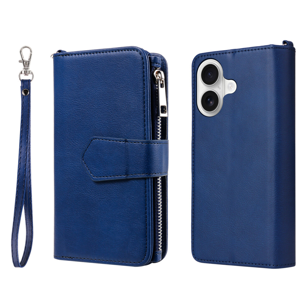 (Blue) For Iphone 17 Magnetic Leather Case Mobile Cover With Detachable Zipper Wallet Strap Blue 6914283046164