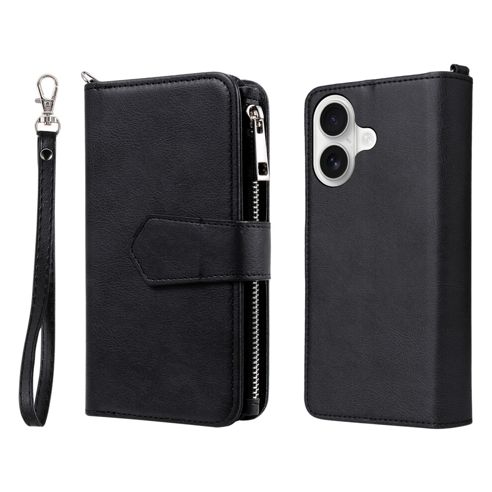 (Black) For Iphone 17 Magnetic Leather Case Mobile Cover With Detachable Zipper Wallet Strap Black 6914280382500