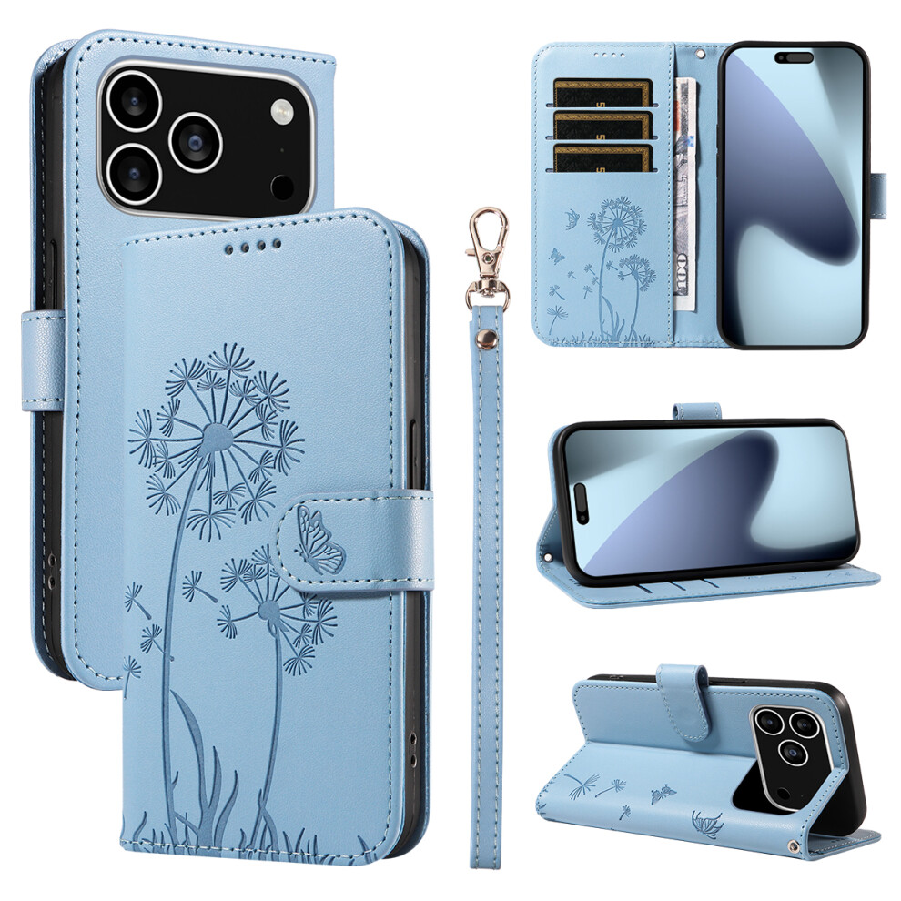(Sky ) For Iphone 17 Pro Leather Wallet Case With Strap Dandelion Imprint Phone Stand Cover Blue 6914283262595