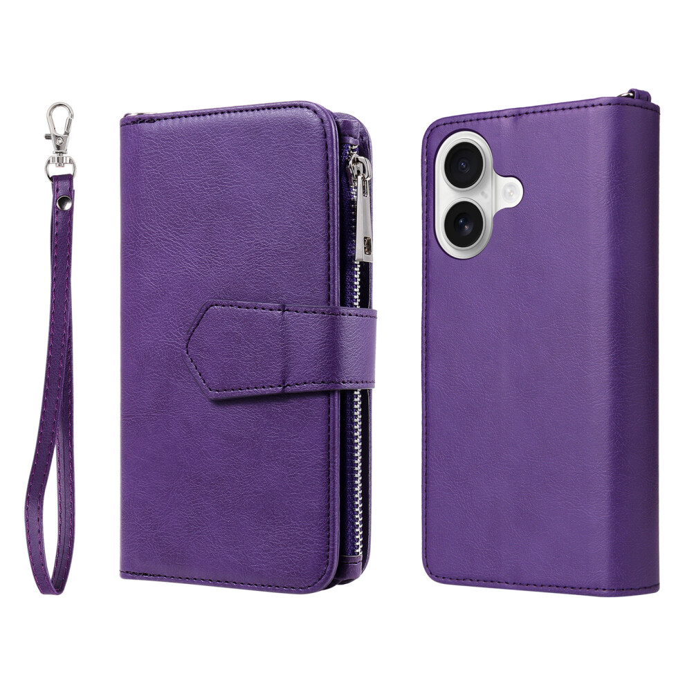 (Purple) For Iphone 17 Magnetic Leather Case Mobile Cover With Detachable Zipper Wallet Strap Purple 6914286878854