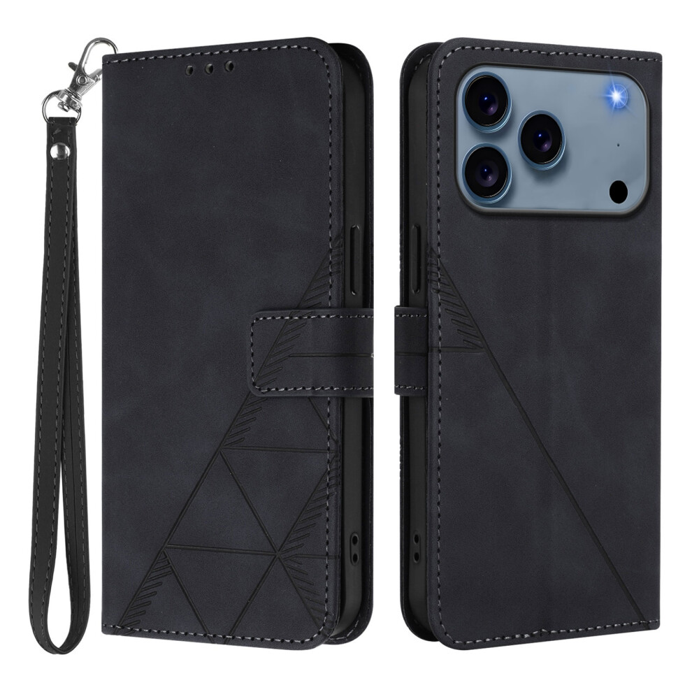 (Black) For Iphone 17 Pro Max Leather Case With Hand Strap Wallet Stand Phone Cover Black 6914281333907