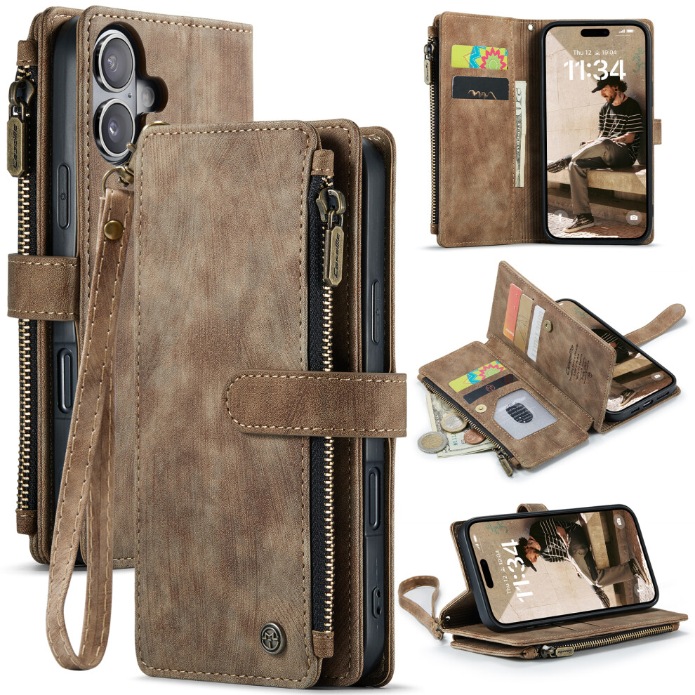 (Brown) For Iphone 17 Wallet Case Caseme C30 Leather Phone Cover With 10 Card Holder Zipper Pocket Brown 6914286529978