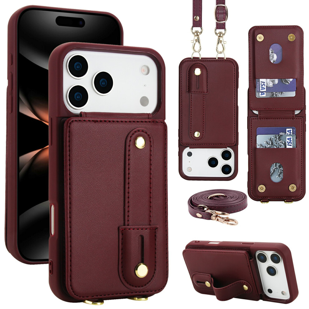 (Wine ) For Iphone 17 Pro Case Kickstand Card Slots Leather Coated Tpu Cover With Shoulder Strap Red 6914281734520