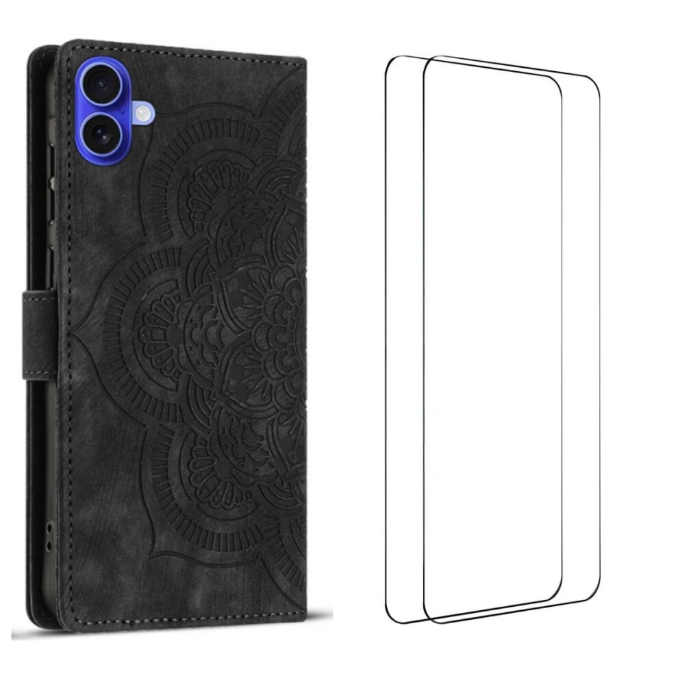 (Black) For Iphone 17 Case With 2Pcs Tempered Glass Wanlonfeng Mtl Series Mandala Leather Phone Cover Black 6914289062731