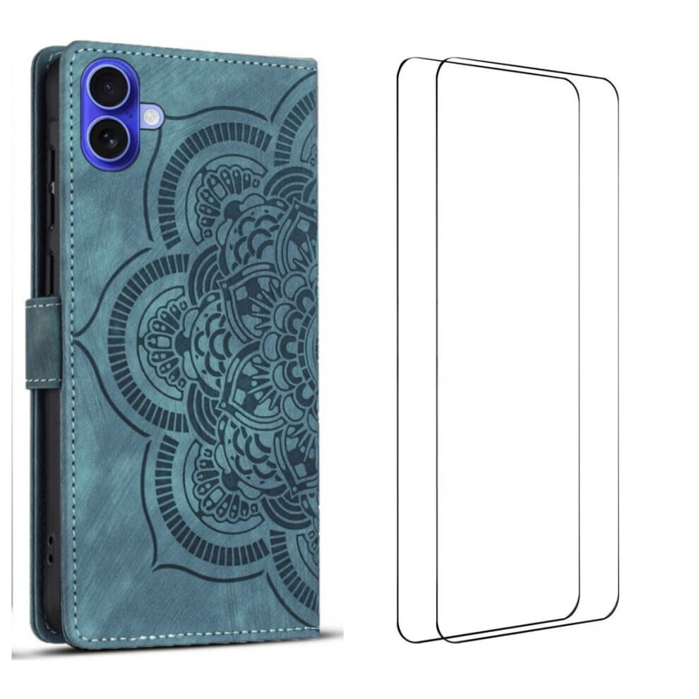 (Blue) For Iphone 17 Case With 2Pcs Tempered Glass Wanlonfeng Mtl Series Mandala Leather Phone Cover Blue 6914280698939