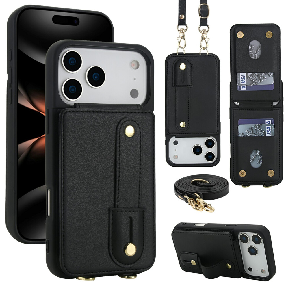 (Black) For Iphone 17 Pro Case Kickstand Card Slots Leather Coated Tpu Cover With Shoulder Strap Black 6914287192713