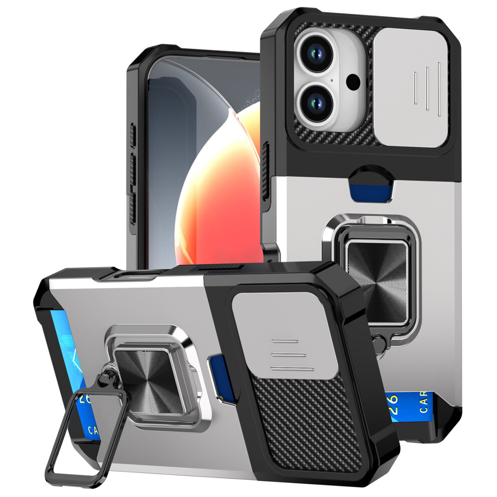 (Silver) For Iphone 17 Case Kickstand Slide Lens Lid Pc + Tpu Phone Cover With Card Slot Silver 6914288185868