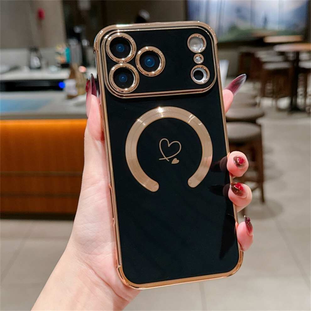 (Black) For Iphone 17 Pro Case Compatible With Magsafe Electroplated Tpu Phone Cover Hollow Love Hearts Black 6914280279442