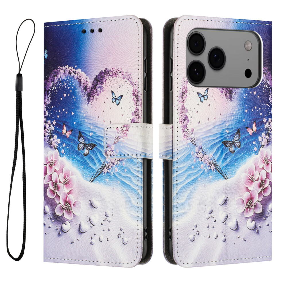 (Heart Butterfly) For Iphone 17 Pro Max Wallet Case Pattern Printing Pu Leather Phone Cover With Lanyard 6914289074703