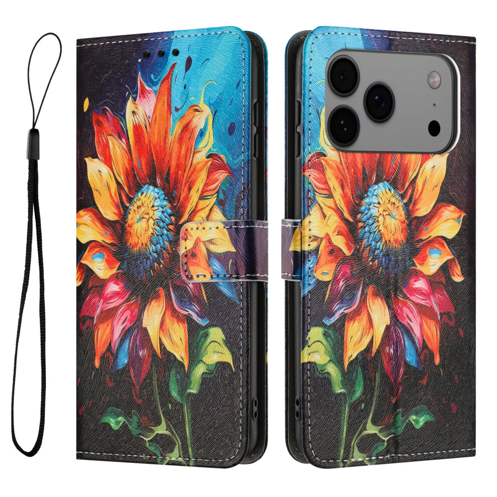 (Sunflower) For Iphone 17 Pro Max Wallet Case Pattern Printing Pu Leather Phone Cover With Lanyard 6914281026557