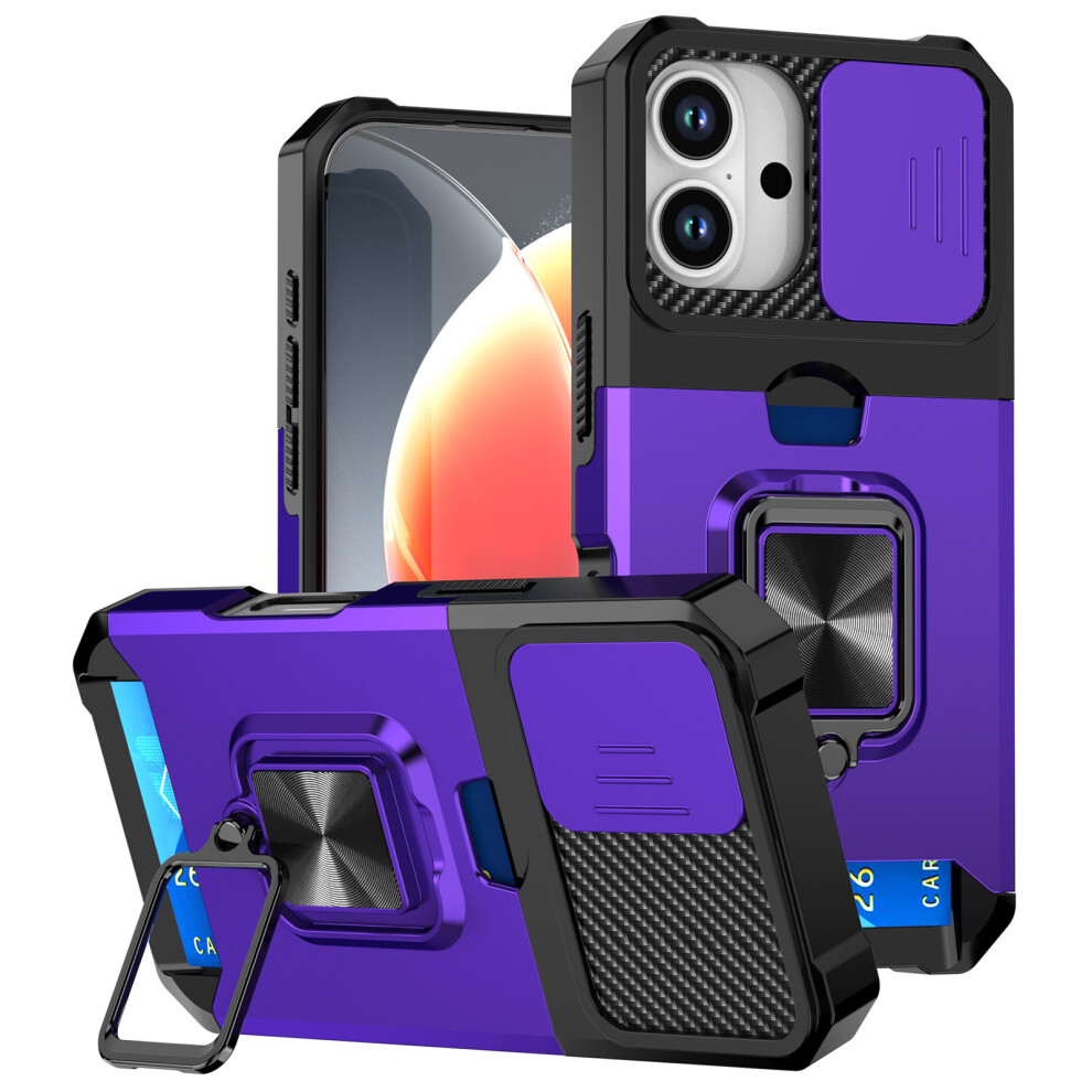 (Purple) For Iphone 17 Case Kickstand Slide Lens Lid Pc + Tpu Phone Cover With Card Slot Purple 6914286401588
