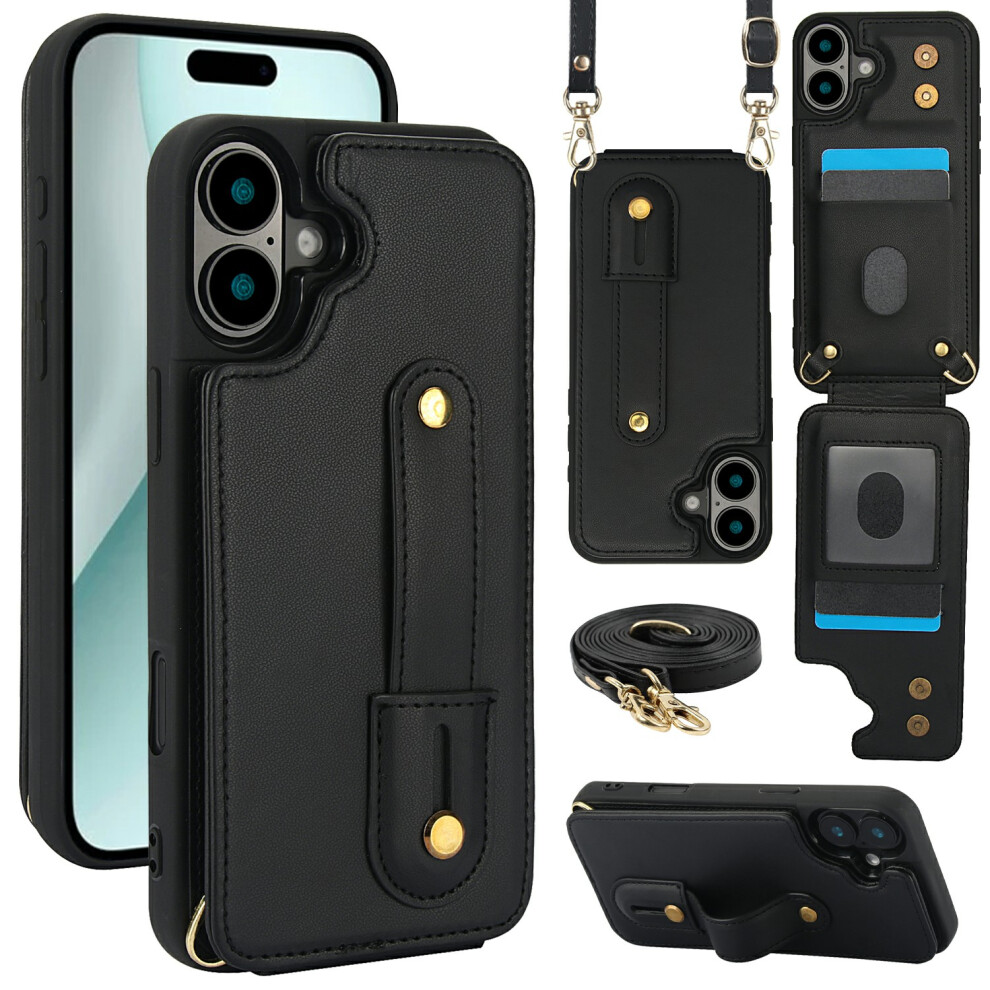 (Black) For Iphone 17 Case Kickstand Card Slots Leather Coated Tpu Cover With Shoulder Strap Black 6914282606574