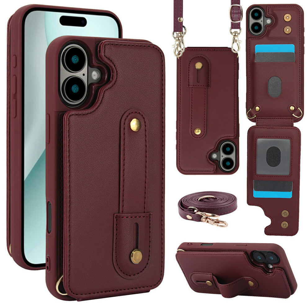 (Wine ) For Iphone 17 Case Kickstand Card Slots Leather Coated Tpu Cover With Shoulder Strap Red 6914281982082