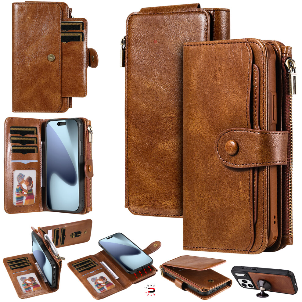 (Brown) For Iphone 17 Pro Phone Case Pu Leather Zipper Wallet Detachable Cover Brown 6914285533846