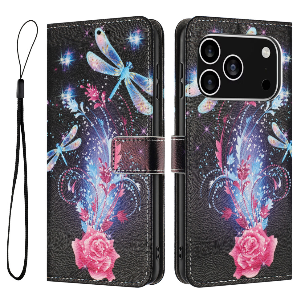 (Dragonfly) For Iphone 17 Pro Wallet Case Pattern Printing Pu Leather Phone Cover With Lanyard 6914282455011