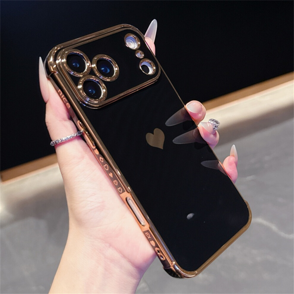 (Black) For Iphone 17 Pro Case Tpu Phone Back Cover Electroplating Heart Pattern Black 6914285806674