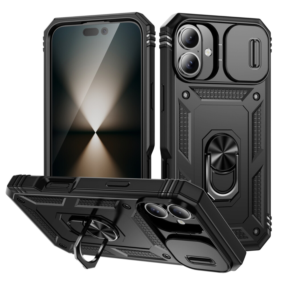 (Black) For Iphone 17 Case Tpu + Pc Slide Camshield Kickstand Phone Cover Black 6914283606443