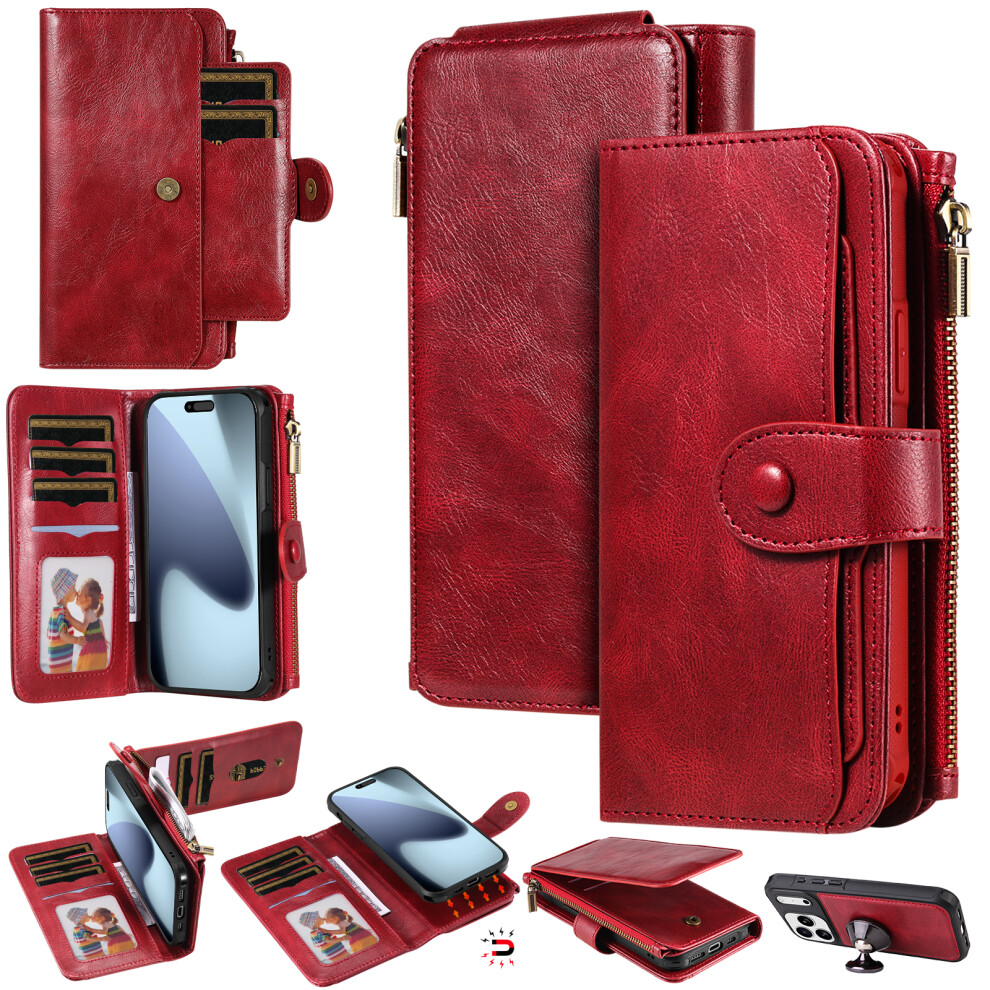 (Red) For Iphone 17 Pro Max Phone Case Pu Leather Zipper Wallet Detachable Cover Red 6914284721176