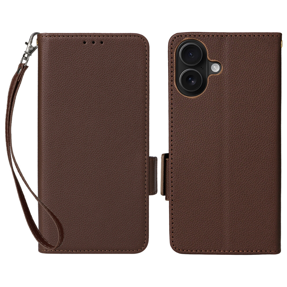 (Brown) For Iphone 17 Case With Wrist Strap Litchi Texture Pu Leather Wallet Phone Cover Brown 6914285931482