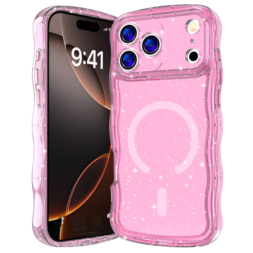 (Transparent ) For Iphone 17 Pro Magnetic Case Wave Edge Glitter Tpu Phone Back Cover Pink 6914286466266