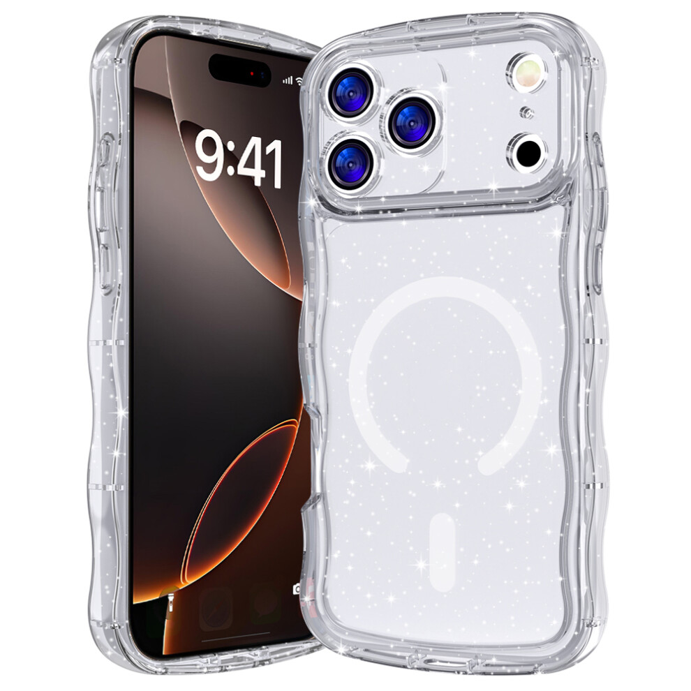 (Transparent) For Iphone 17 Pro Magnetic Case Wave Edge Glitter Tpu Phone Back Cover 6914284628192