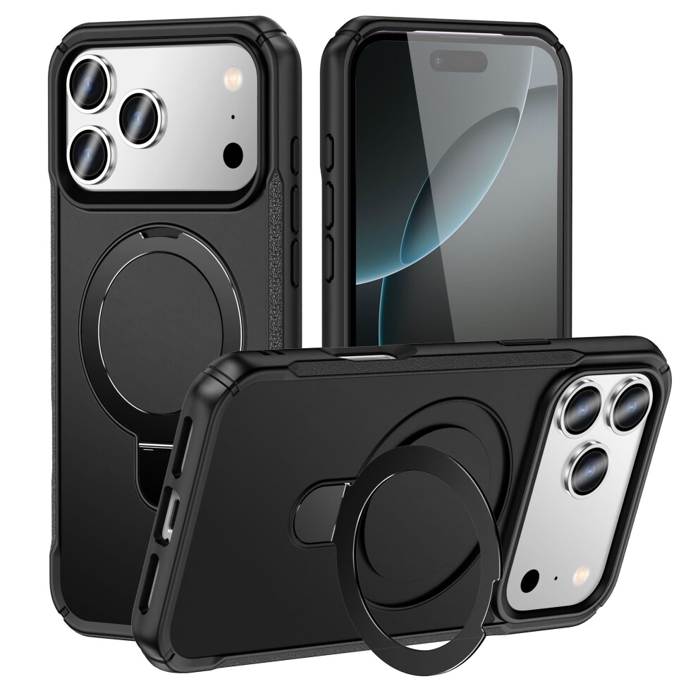 (Black) For Iphone 17 Pro Shockproof Case Tpu + Pc Phone Cover Compatible With Magsafe Rotating Kickstand Black 6914289179156