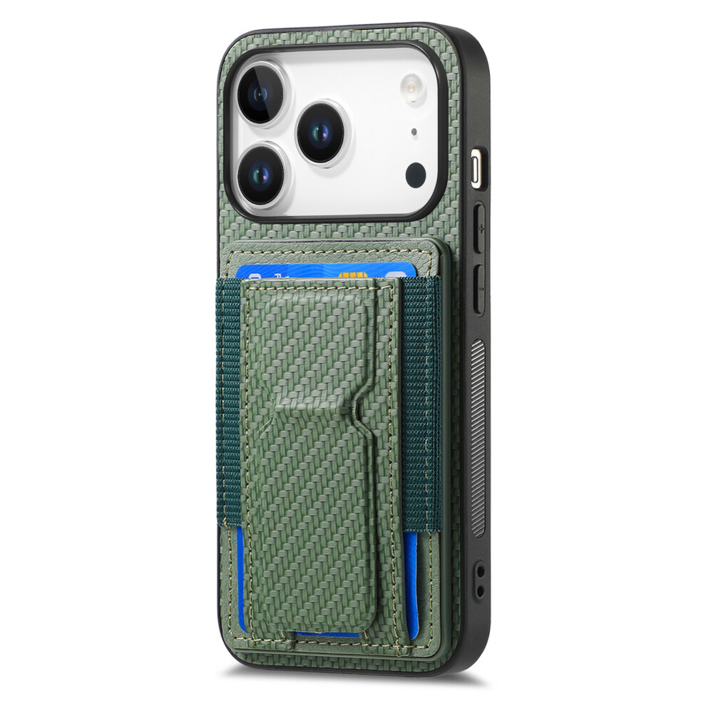 (Green) For Iphone 17 Pro Case With Card Holder Kickstand Fiber Pattern Leather Back Cover Green 6914288009546