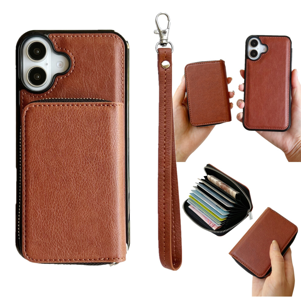 (Brown) For Iphone 17 Case Detachable Zipper Card Bag Pu Tpu Kickstand Phone Case With Strap Brown 6914280465913
