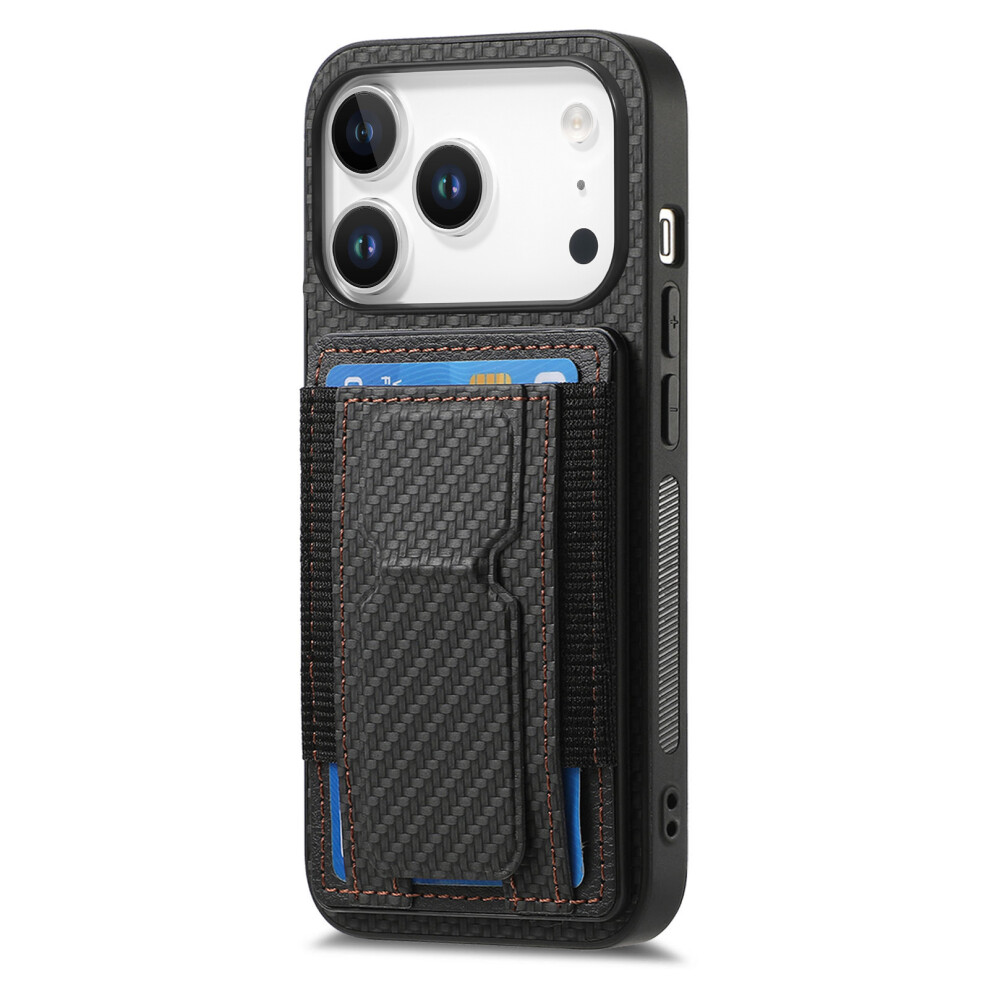 (Black) For Iphone 17 Pro Case With Card Holder Kickstand Fiber Pattern Leather Back Cover Black 6914283912254