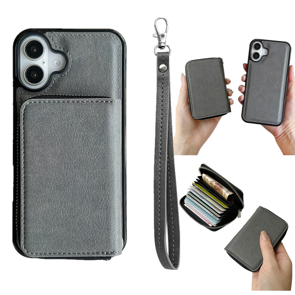 (Grey) For Iphone 17 Case Detachable Zipper Card Bag Pu Tpu Kickstand Phone Case With Strap Grey 6914282417750