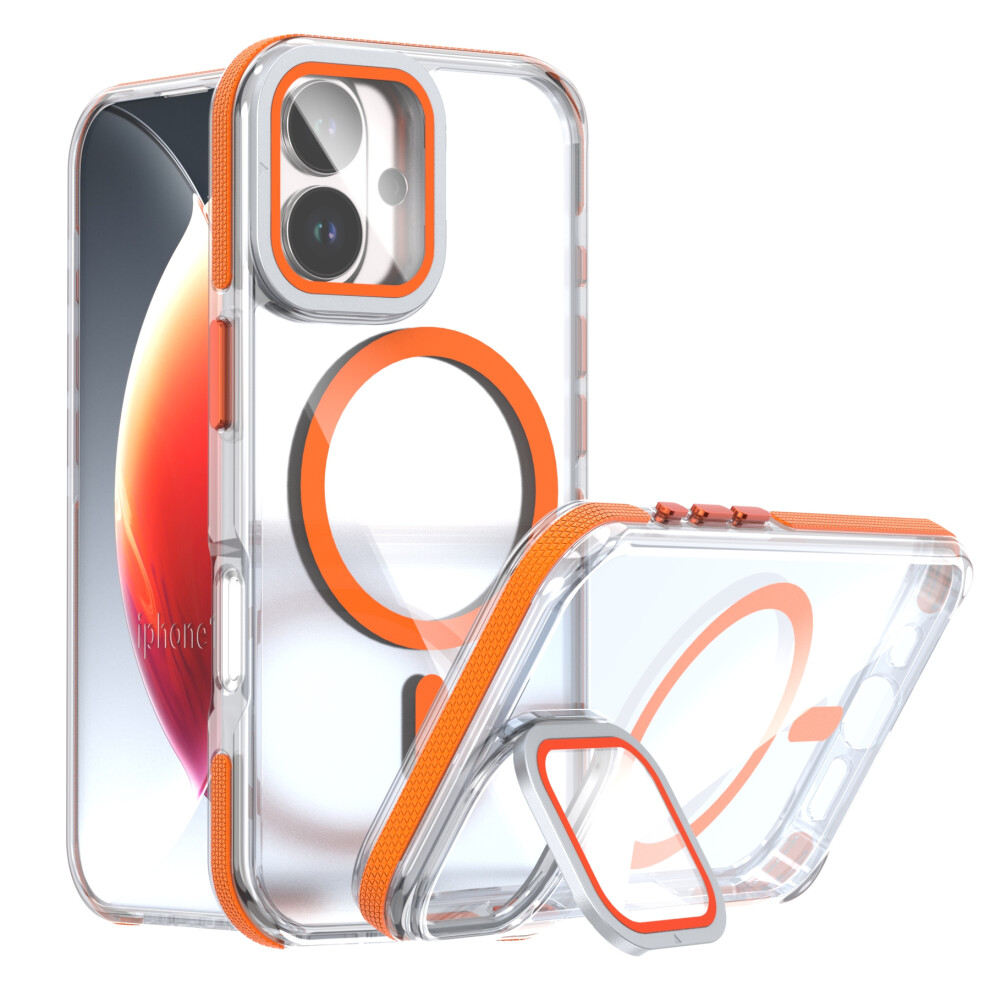 (Orange) For Iphone 17 Magnetic Case Tpu Acrylic Clear Phone Back Cover With Lens Protector Kickstand Orange 6914289596762