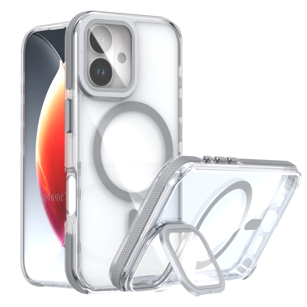 (Grey) For Iphone 17 Magnetic Case Tpu Acrylic Clear Phone Back Cover With Lens Protector Kickstand Grey 6914284086367