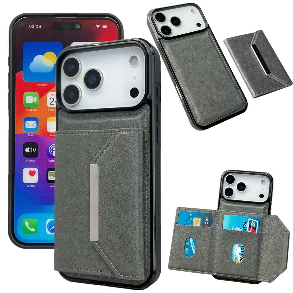 (Grey) For Iphone 17 Pro Max Case Card Bag Kickstand Tpu + Pu Phone Cover Grey 6914285100734