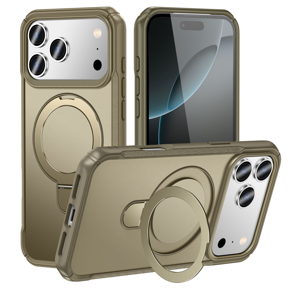 (Khaki) For Iphone 17 Pro Max Shockproof Case Tpu + Pc Phone Cover Compatible With Magsafe Rotating Kickstand 6914283771844