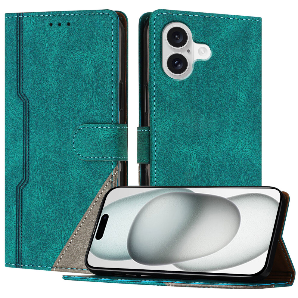 (Green) For Iphone 17 Leather Case Triangle Patchwork Wallet Stand Shockproof Phone Cover Green 6914282843351