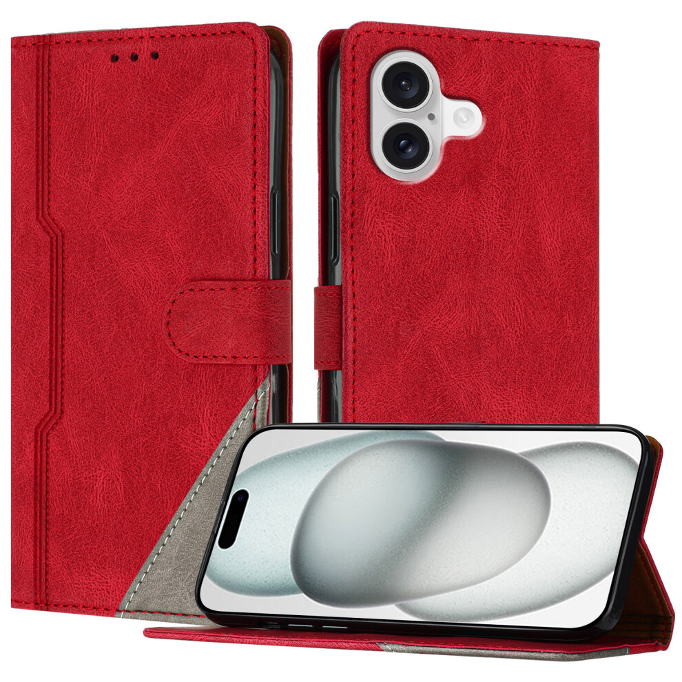 (Red) For Iphone 17 Leather Case Triangle Patchwork Wallet Stand Shockproof Phone Cover Red 6914283498338