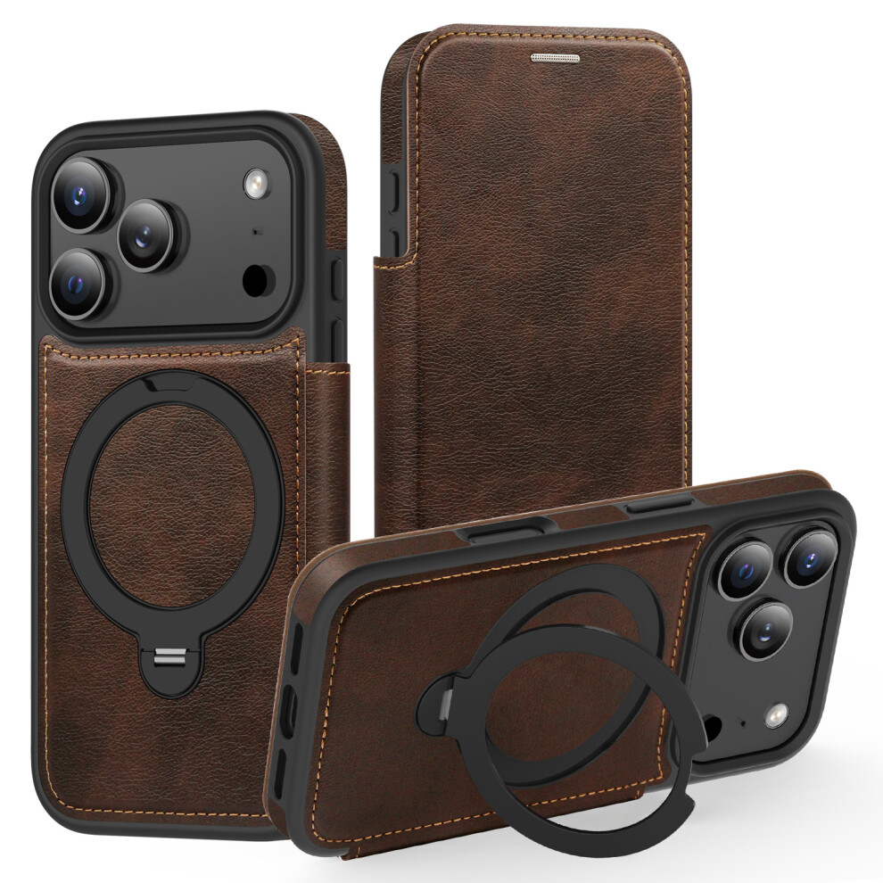 (Coffee) For Iphone 17 Pro Case Compatible With Magsafe Rfid Blocking Leather Wallet Cover With Rotating Ring Kickstand Brown 6914284002138