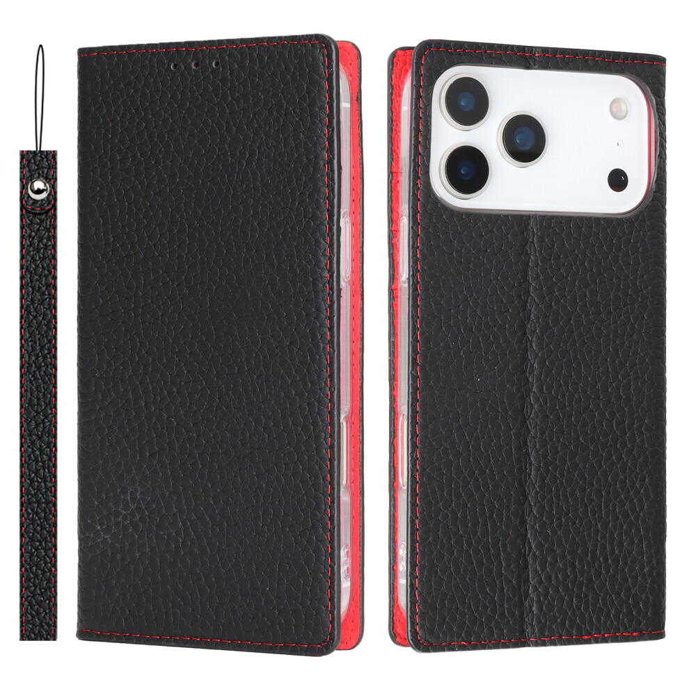 (Black) For Iphone 17 Pro Wallet Case Genuine Cow Leather Phone Cover Litchi Texture Black 6914281186343