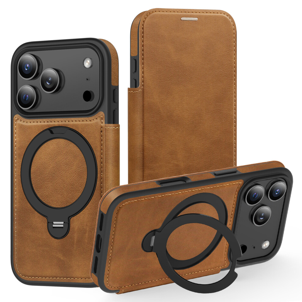 (Brown) For Iphone 17 Pro Case Compatible With Magsafe Rfid Blocking Leather Wallet Cover With Rotating Ring Kickstand Brown 6914285253287
