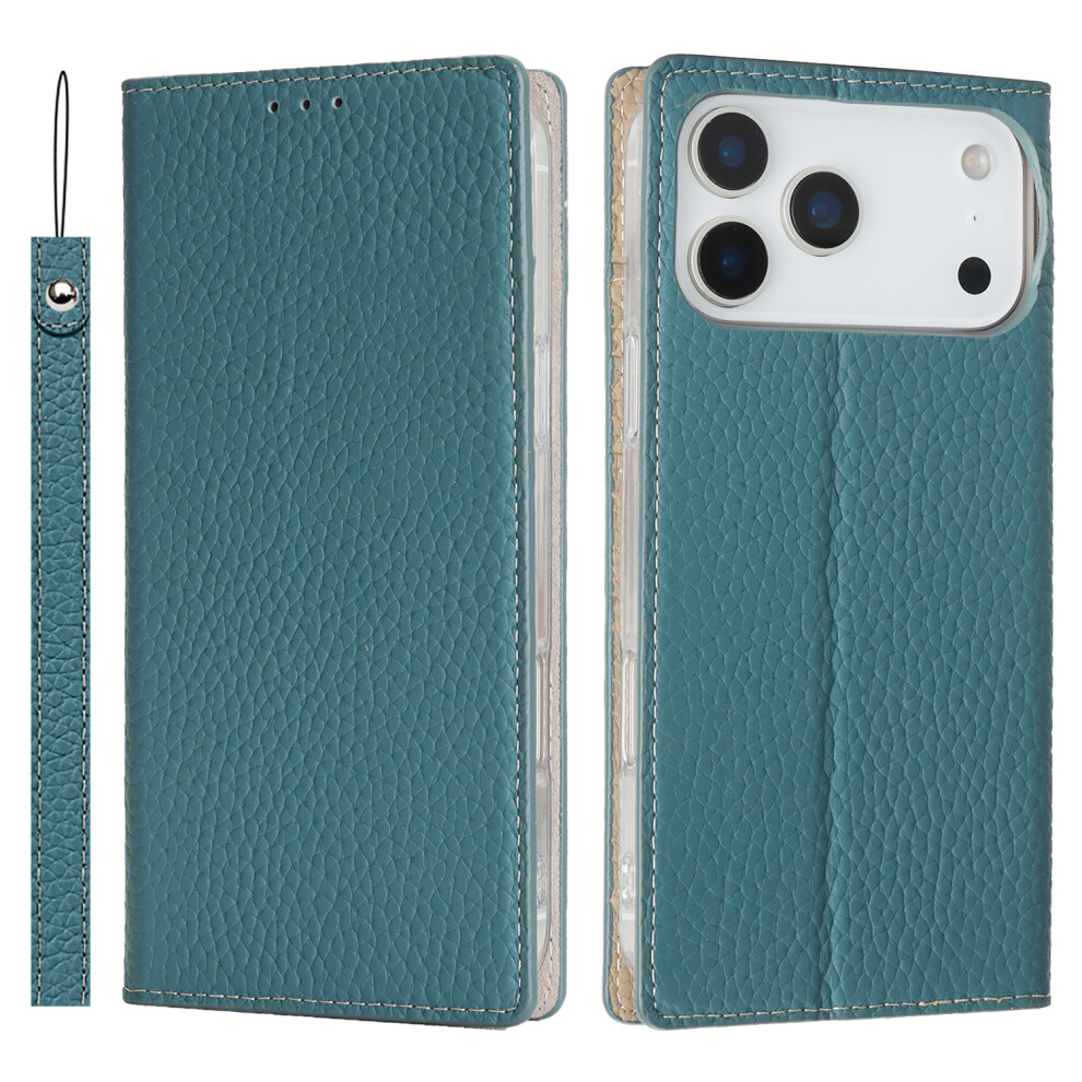 (Sky ) For Iphone 17 Pro Wallet Case Genuine Cow Leather Phone Cover Litchi Texture Blue 6914288386814