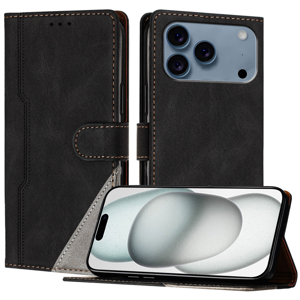 (Black) For Iphone 17 Pro Max Leather Case Triangle Patchwork Wallet Stand Shockproof Phone Cover Black 6914283908424