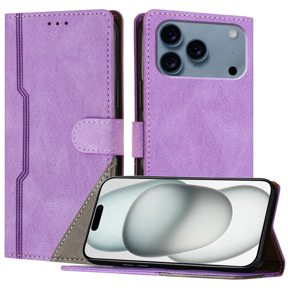 (Purple) For Iphone 17 Pro Max Leather Case Triangle Patchwork Wallet Stand Shockproof Phone Cover Purple 6914284740269