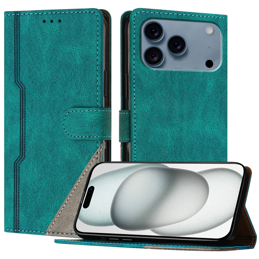 (Green) For Iphone 17 Pro Max Leather Case Triangle Patchwork Wallet Stand Shockproof Phone Cover Green 6914280302003