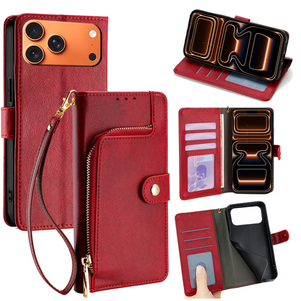 (Red) For Iphone 17 Pro Max Case Zipper Pocket Pu Leather Wallet Flip Phone Cover Red 6914282657729