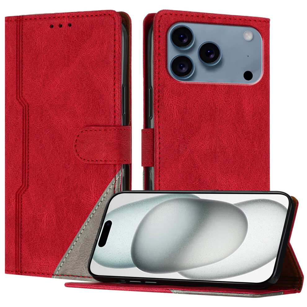 (Red) For Iphone 17 Pro Max Leather Case Triangle Patchwork Wallet Stand Shockproof Phone Cover Red 6914283264612