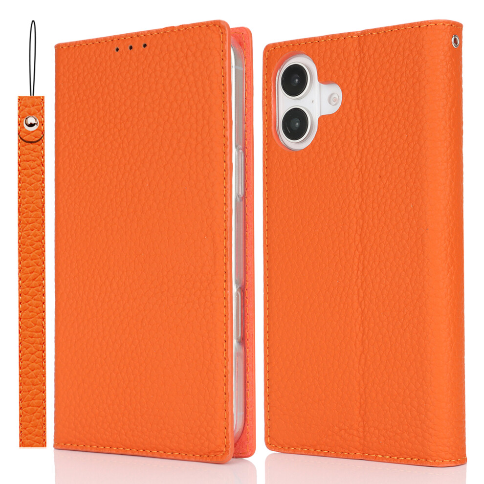 (Orange) For Iphone 17 Wallet Case Genuine Cow Leather Phone Cover Litchi Texture Orange 6914284862503