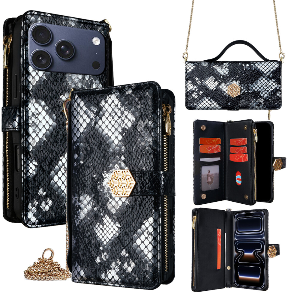 (Black) For Iphone 17 Pro Case Snake Skin Texture Pu Leather Phone Wallet Cover With Shoulder Strap Black 6914282088271